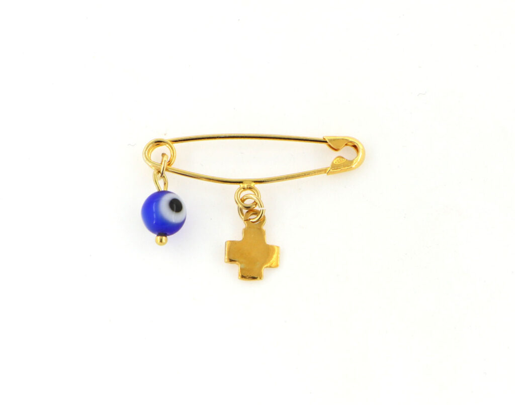 Παιδική καρφίτσα σταυρουδάκι με ματάκι από επιχρυσωμένο ασήμι 925.